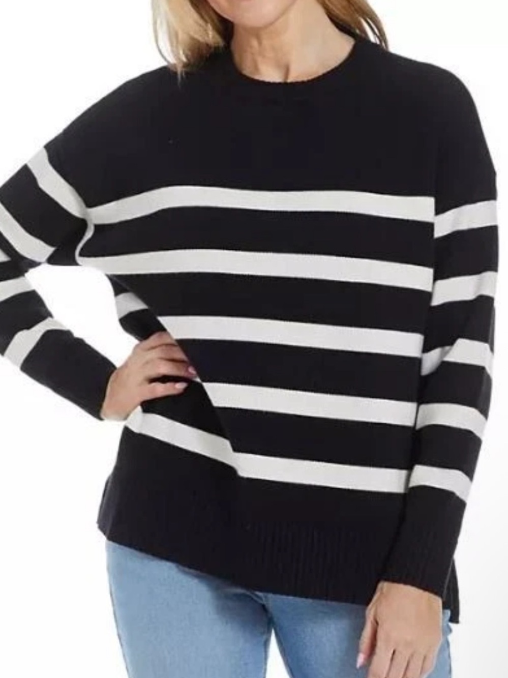 French connection essentials black white striped warm sweater size L